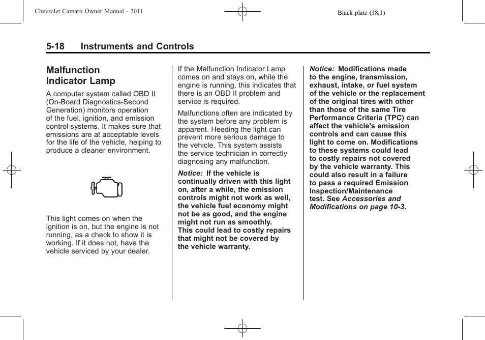 Malfunction indicator lamp | CHEVROLET 2011 Camaro User Manual | Page 124 / 414