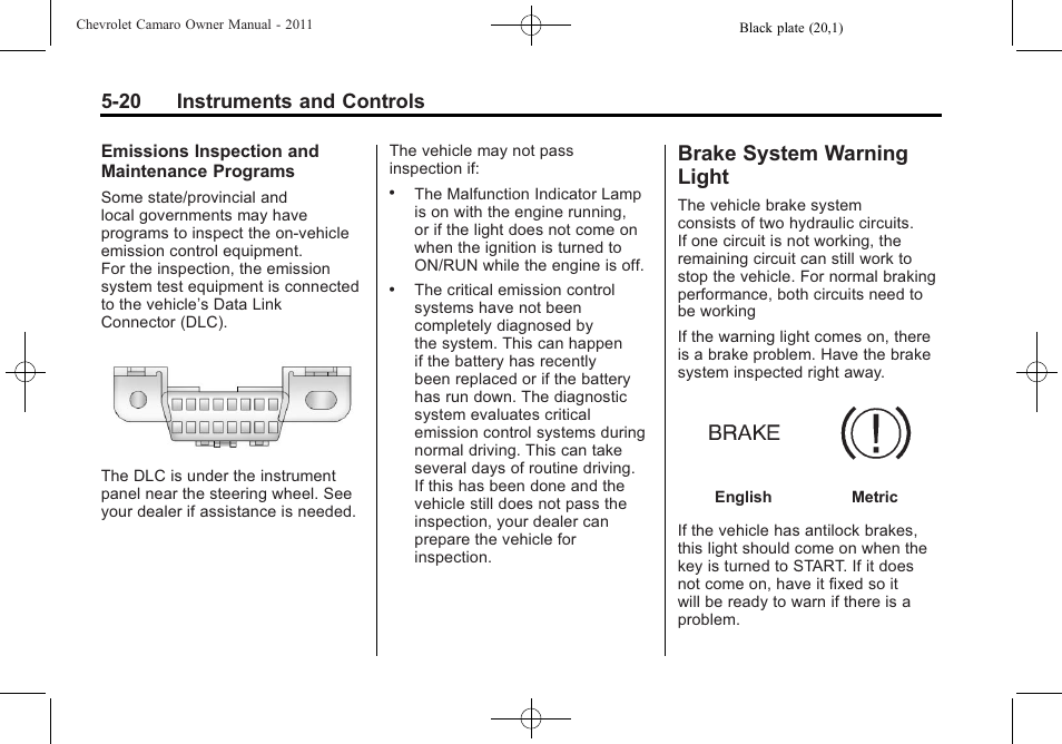 Brake system warning light, 20 instruments and controls | CHEVROLET 2011 Camaro User Manual | Page 126 / 414