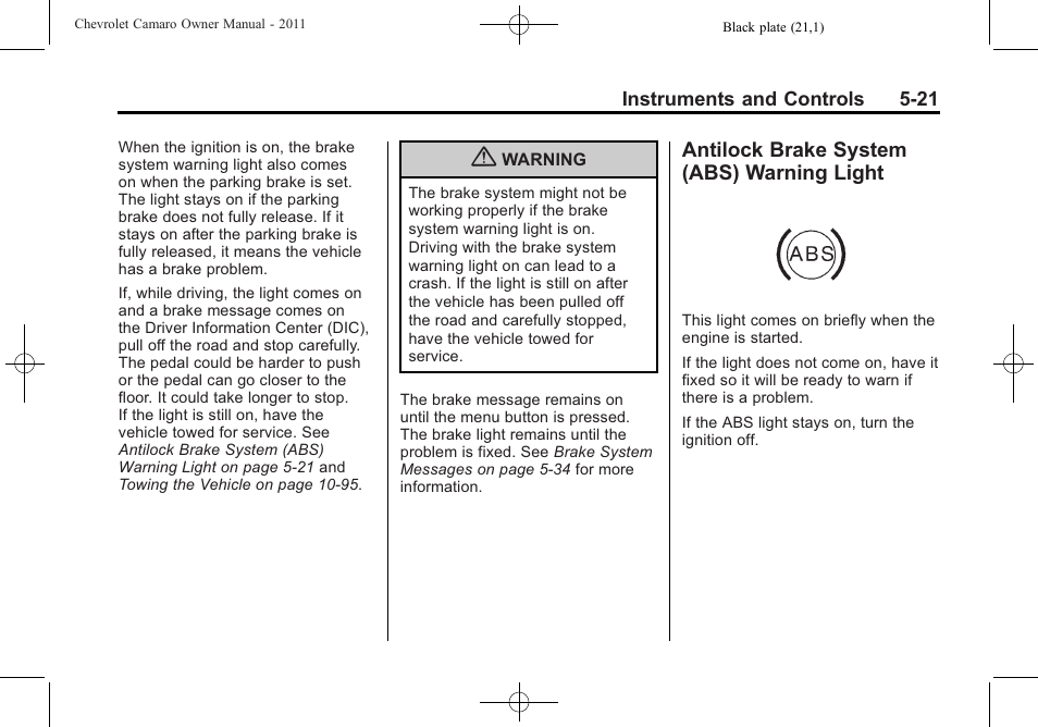 Antilock brake system (abs) warning light | CHEVROLET 2011 Camaro User Manual | Page 127 / 414