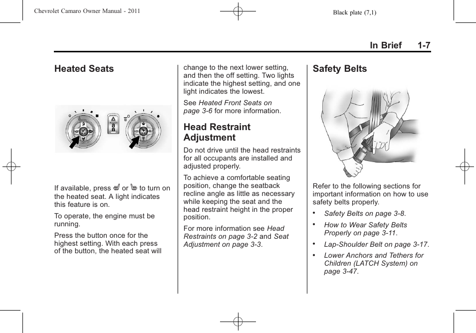 Heated seats, Head restraint adjustment, Safety belts | CHEVROLET 2011 Camaro User Manual | Page 13 / 414