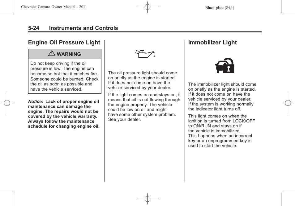 Engine oil pressure light, Immobilizer light | CHEVROLET 2011 Camaro User Manual | Page 130 / 414