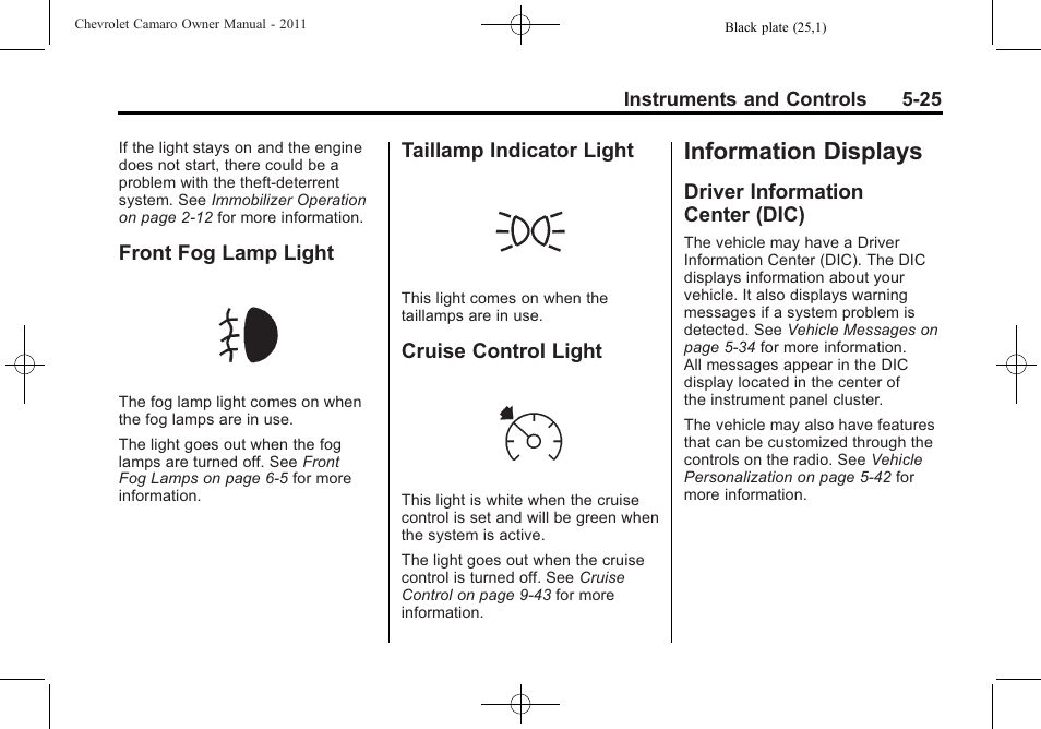 Front fog lamp light, Taillamp indicator light, Cruise control light | Information displays, Driver information center (dic) | CHEVROLET 2011 Camaro User Manual | Page 131 / 414