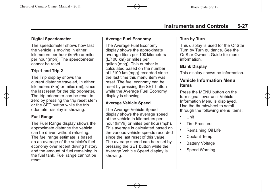 Instruments and controls 5-27 | CHEVROLET 2011 Camaro User Manual | Page 133 / 414