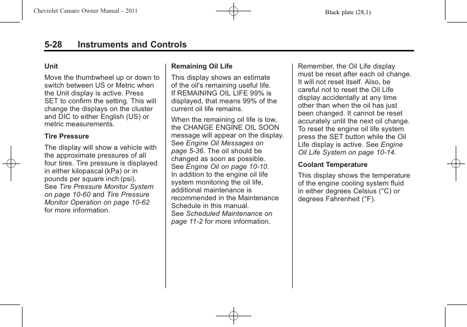 28 instruments and controls | CHEVROLET 2011 Camaro User Manual | Page 134 / 414