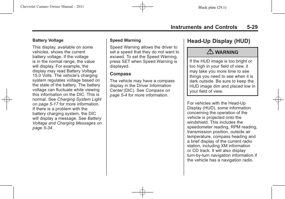 Head-up display (hud) | CHEVROLET 2011 Camaro User Manual | Page 135 / 414