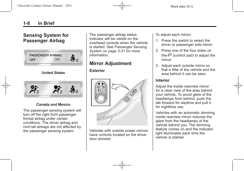 Sensing system for passenger airbag, Mirror adjustment | CHEVROLET 2011 Camaro User Manual | Page 14 / 414