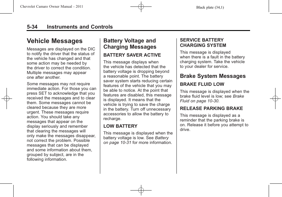 Vehicle messages, Battery voltage and charging messages, Brake system messages | CHEVROLET 2011 Camaro User Manual | Page 140 / 414