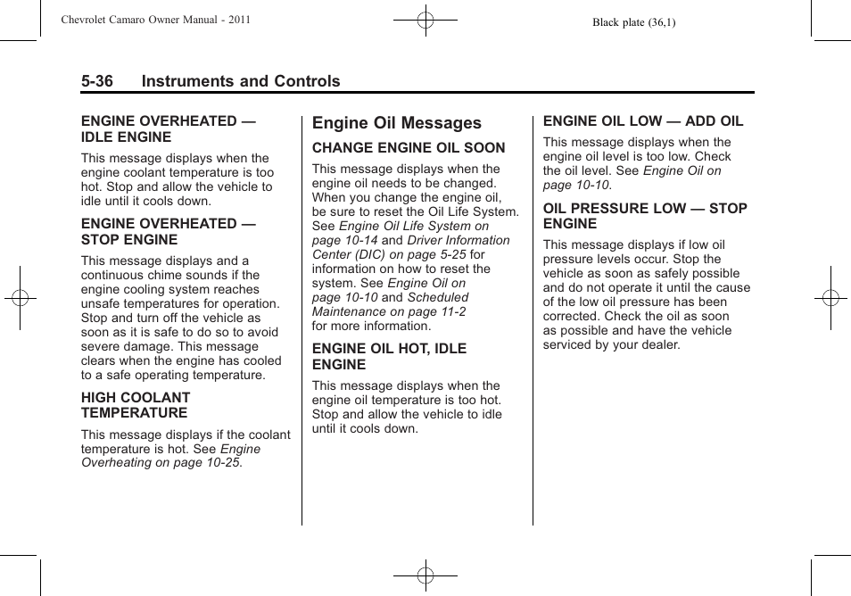 Engine oil messages | CHEVROLET 2011 Camaro User Manual | Page 142 / 414