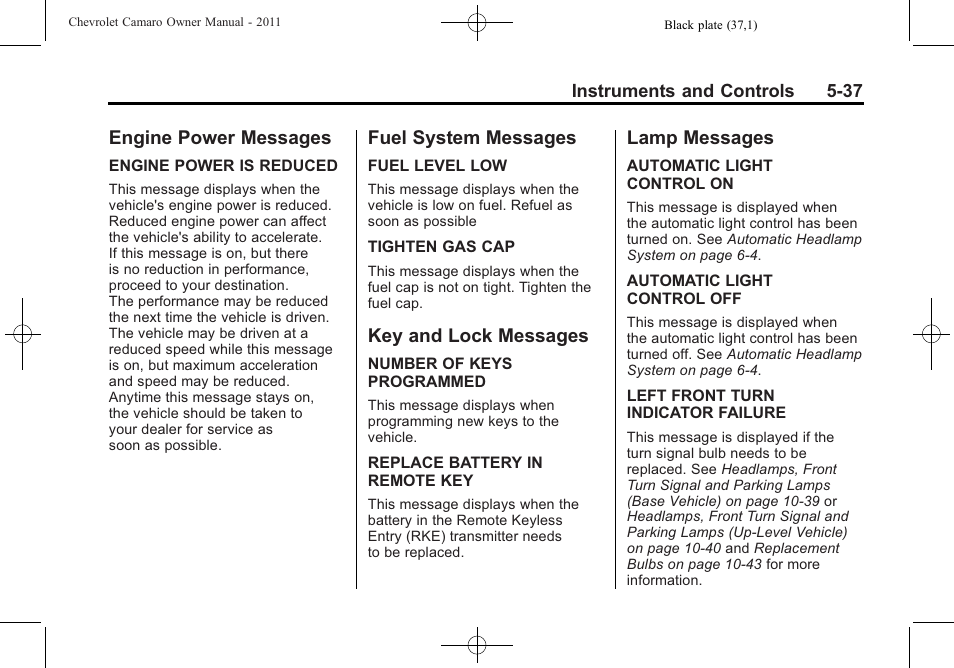 Engine power messages, Fuel system messages, Key and lock messages | Lamp messages | CHEVROLET 2011 Camaro User Manual | Page 143 / 414