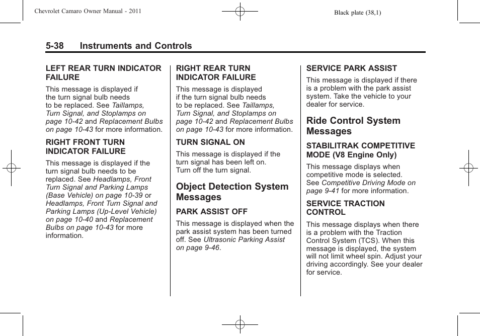 Object detection system messages, Ride control system messages | CHEVROLET 2011 Camaro User Manual | Page 144 / 414