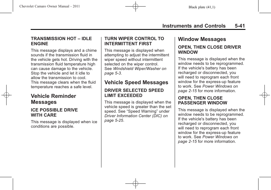 Vehicle reminder messages, Vehicle speed messages, Window messages | CHEVROLET 2011 Camaro User Manual | Page 147 / 414