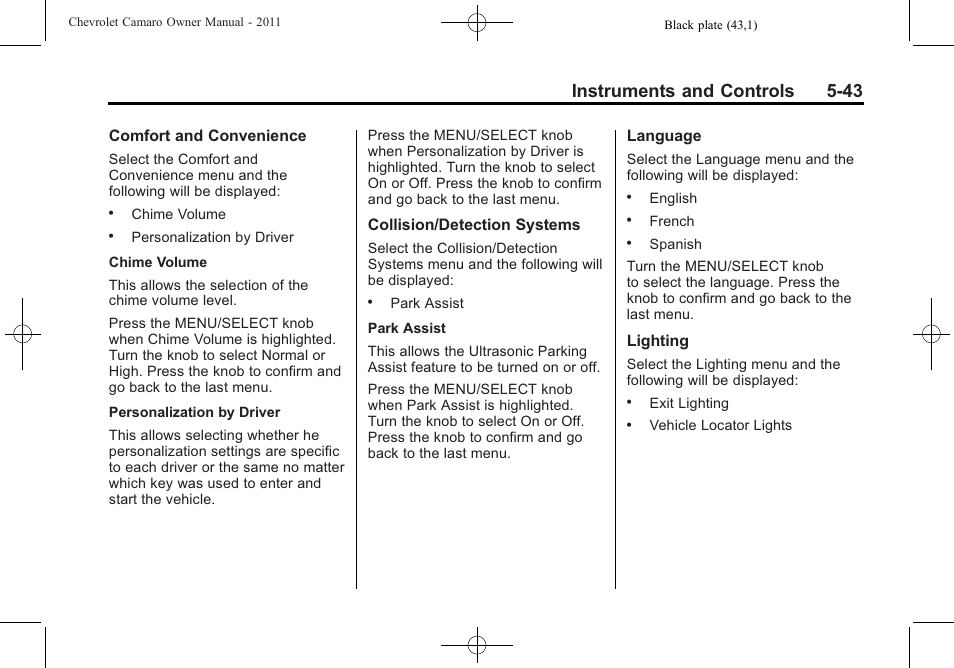 Instruments and controls 5-43 | CHEVROLET 2011 Camaro User Manual | Page 149 / 414