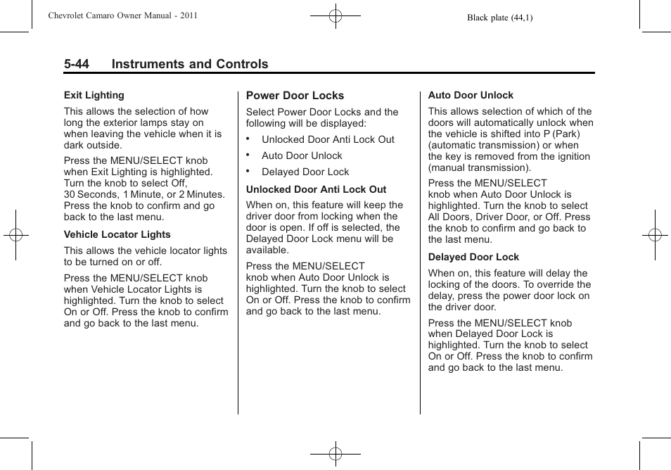 44 instruments and controls | CHEVROLET 2011 Camaro User Manual | Page 150 / 414