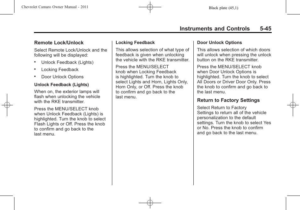Instruments and controls 5-45 | CHEVROLET 2011 Camaro User Manual | Page 151 / 414