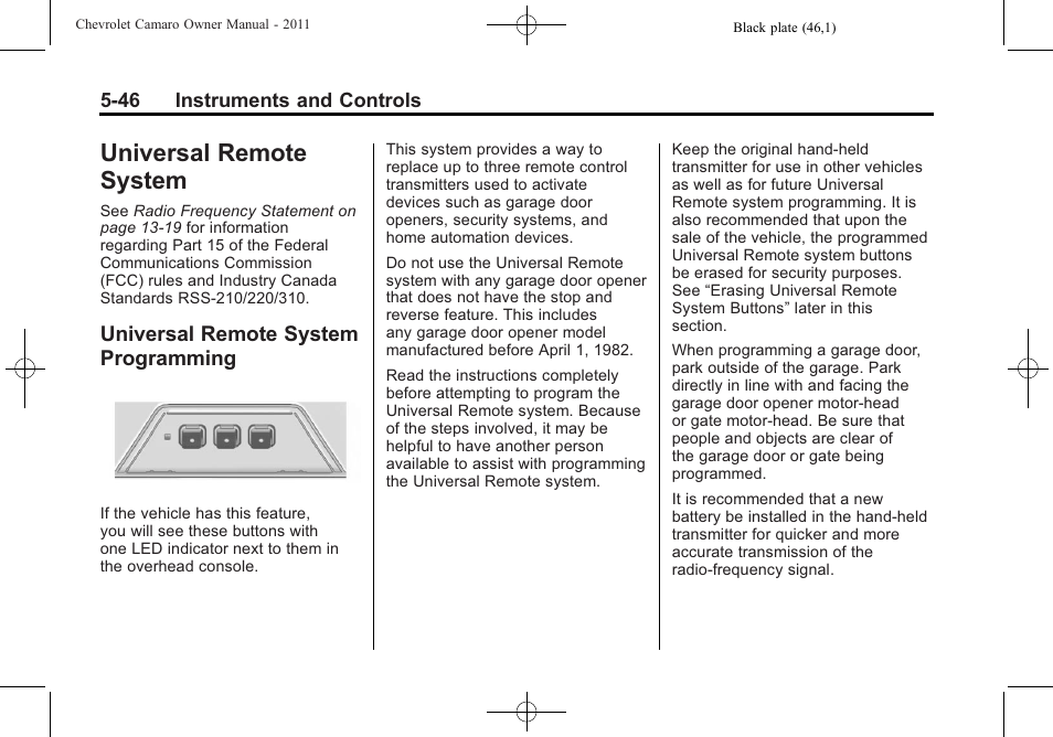 Universal remote system, Universal remote system programming | CHEVROLET 2011 Camaro User Manual | Page 152 / 414
