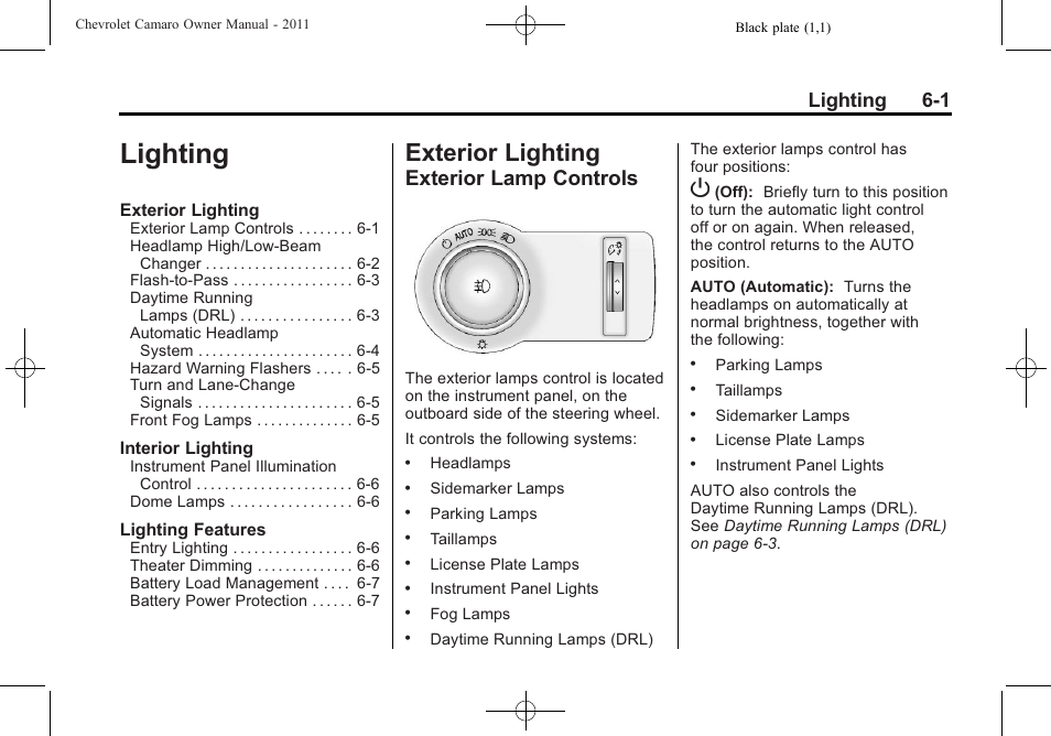 Lighting, Exterior lighting, Exterior lamp controls | Lighting 6-1 | CHEVROLET 2011 Camaro User Manual | Page 157 / 414