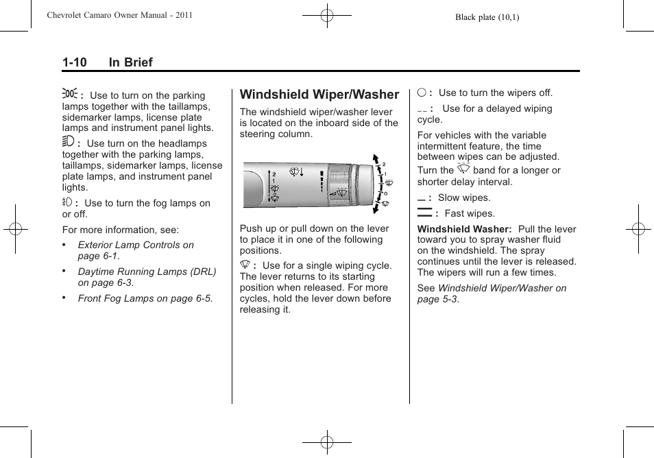 Windshield wiper/washer | CHEVROLET 2011 Camaro User Manual | Page 16 / 414