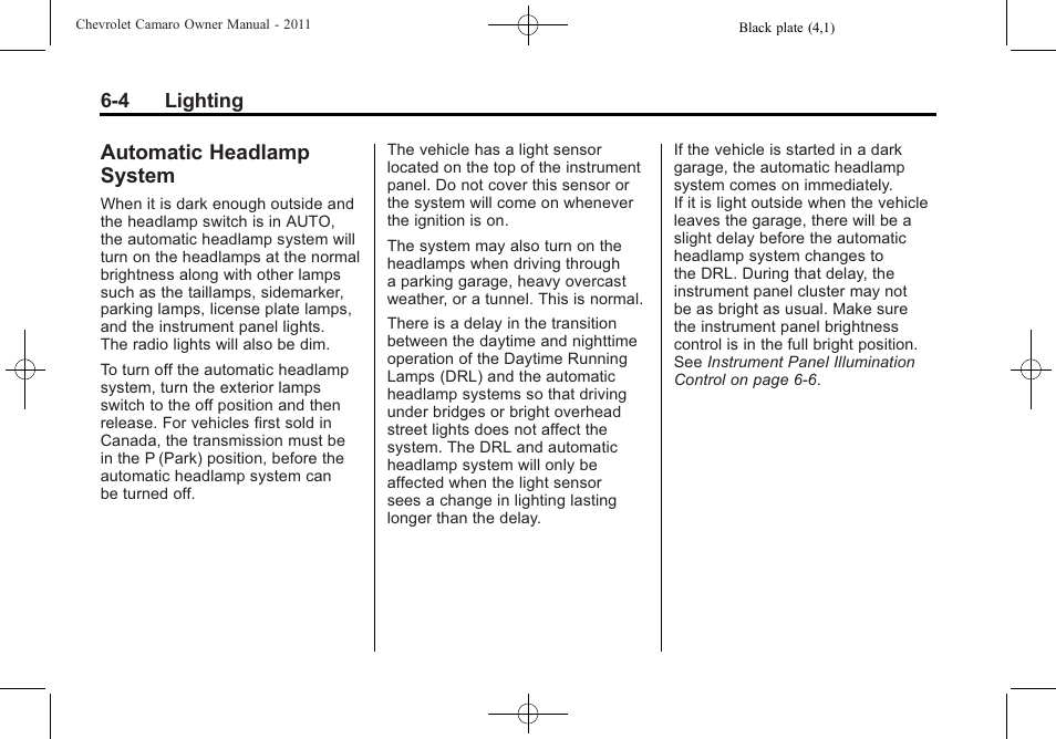 Automatic headlamp system | CHEVROLET 2011 Camaro User Manual | Page 160 / 414
