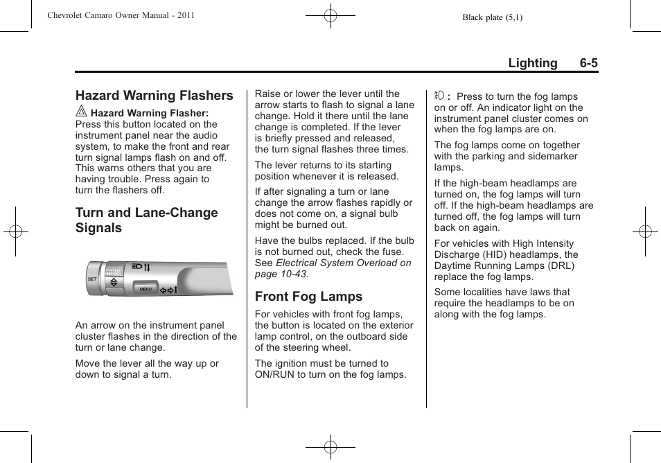 Hazard warning flashers, Turn and lane-change signals, Front fog lamps | CHEVROLET 2011 Camaro User Manual | Page 161 / 414