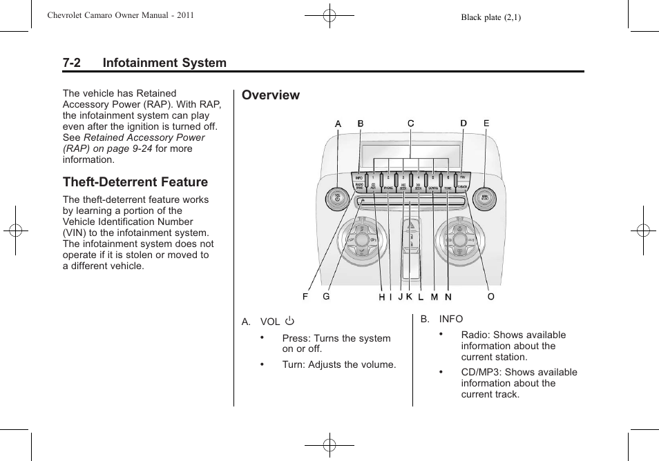 Theft-deterrent feature, Overview, 2 infotainment system | CHEVROLET 2011 Camaro User Manual | Page 166 / 414