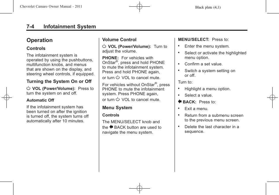 Operation, 4 infotainment system | CHEVROLET 2011 Camaro User Manual | Page 168 / 414