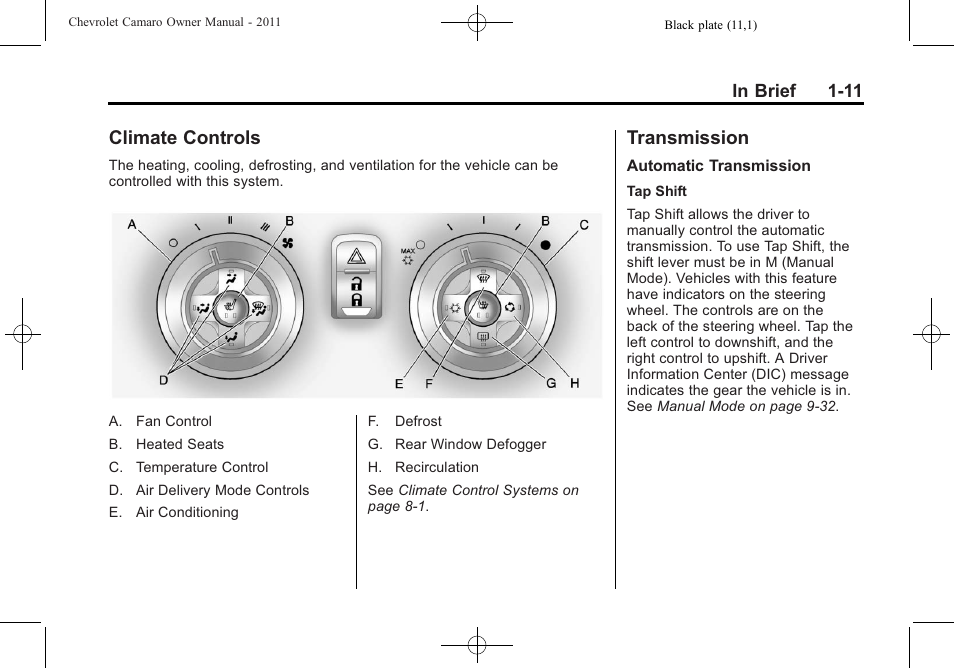 Climate controls, Transmission | CHEVROLET 2011 Camaro User Manual | Page 17 / 414