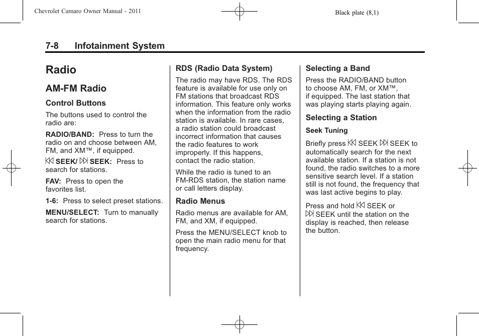 Radio, Am-fm radio | CHEVROLET 2011 Camaro User Manual | Page 172 / 414