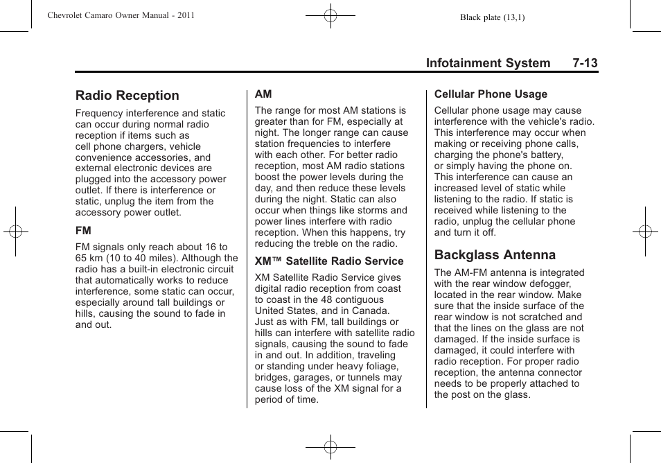 Radio reception, Backglass antenna | CHEVROLET 2011 Camaro User Manual | Page 177 / 414