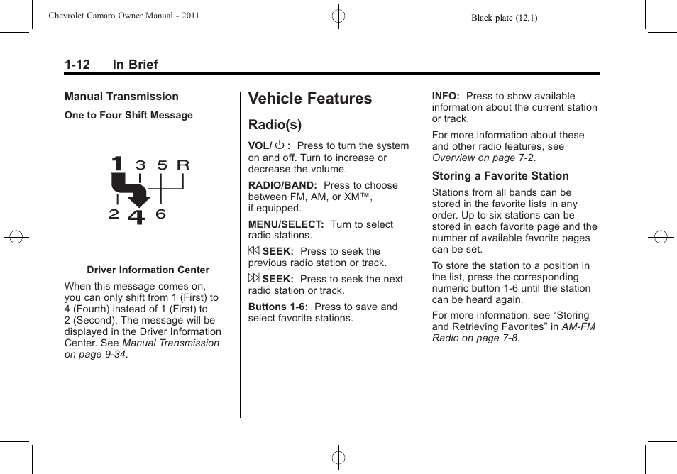 Vehicle features, Radio(s) | CHEVROLET 2011 Camaro User Manual | Page 18 / 414