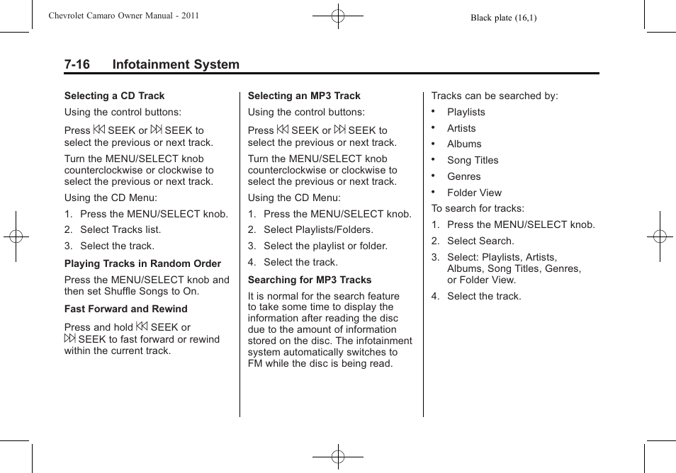 16 infotainment system | CHEVROLET 2011 Camaro User Manual | Page 180 / 414