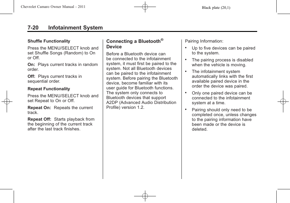 20 infotainment system | CHEVROLET 2011 Camaro User Manual | Page 184 / 414