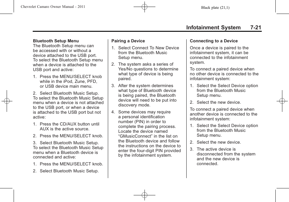 Infotainment system 7-21 | CHEVROLET 2011 Camaro User Manual | Page 185 / 414