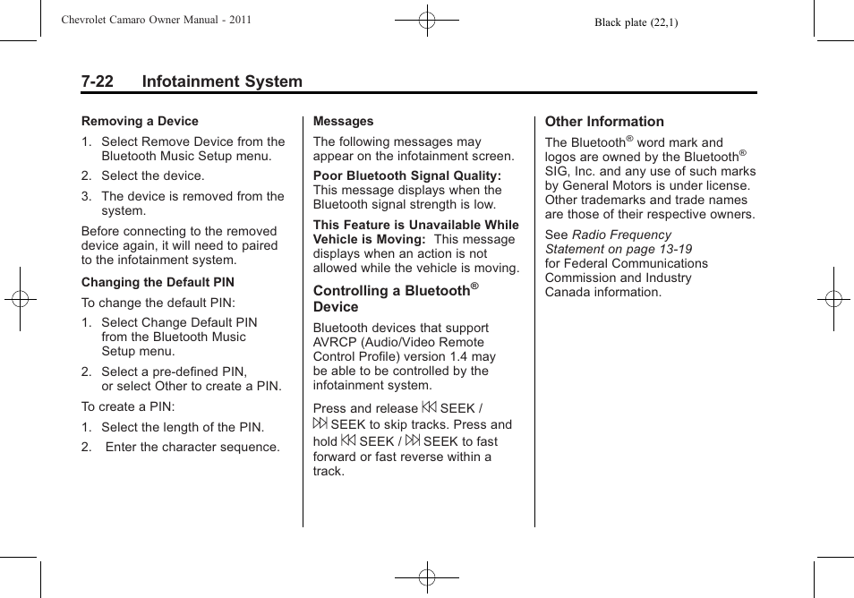 22 infotainment system | CHEVROLET 2011 Camaro User Manual | Page 186 / 414