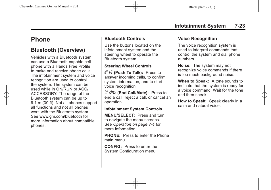 Phone, Bluetooth (overview) | CHEVROLET 2011 Camaro User Manual | Page 187 / 414