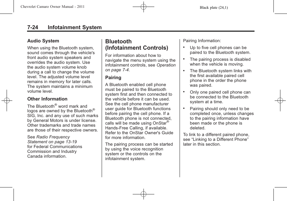 Bluetooth (infotainment controls), 24 infotainment system | CHEVROLET 2011 Camaro User Manual | Page 188 / 414
