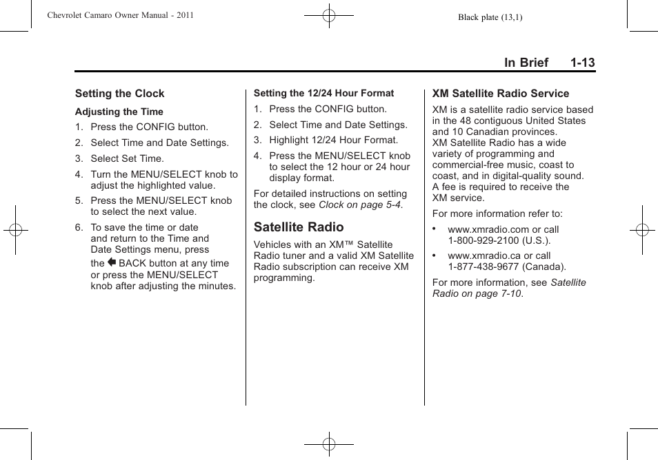 Satellite radio | CHEVROLET 2011 Camaro User Manual | Page 19 / 414