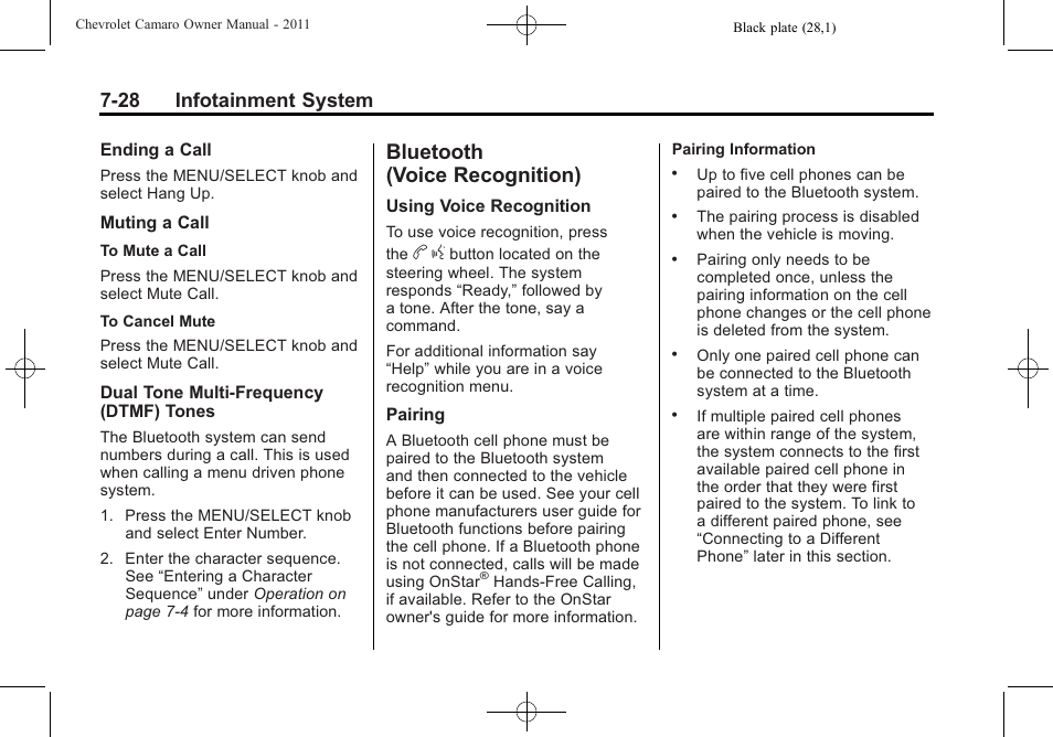 Bluetooth (voice recognition), 28 infotainment system | CHEVROLET 2011 Camaro User Manual | Page 192 / 414