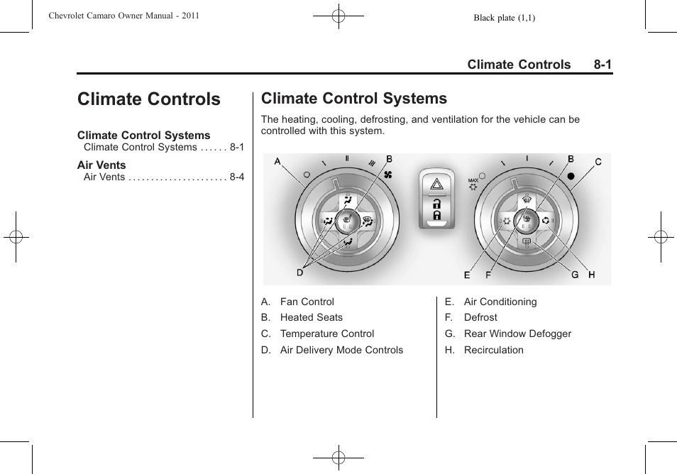 Climate controls, Climate control systems | CHEVROLET 2011 Camaro User Manual | Page 199 / 414