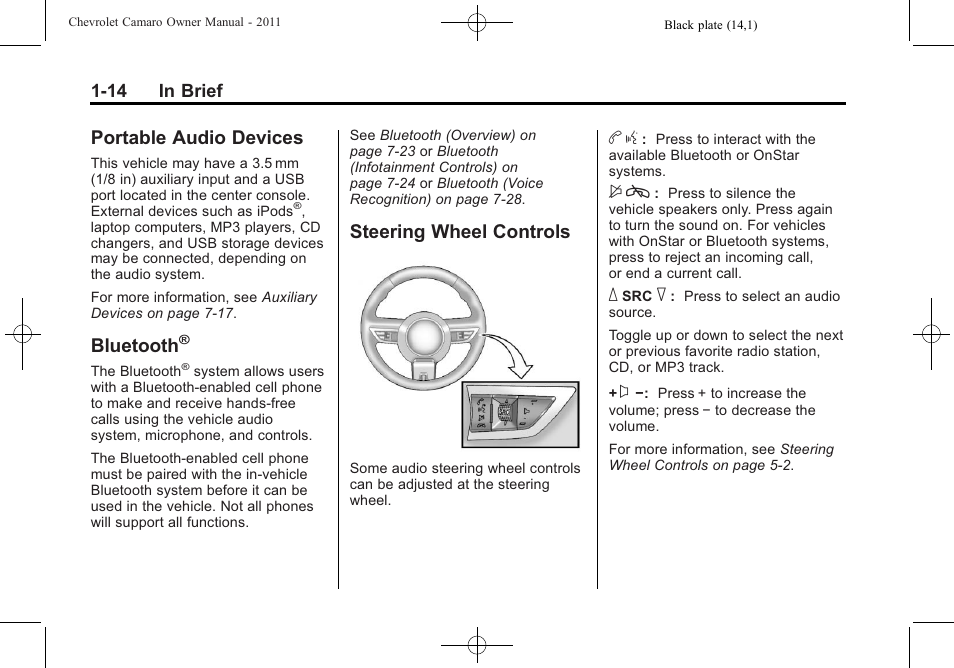 Portable audio devices, Bluetooth, Steering wheel controls | CHEVROLET 2011 Camaro User Manual | Page 20 / 414