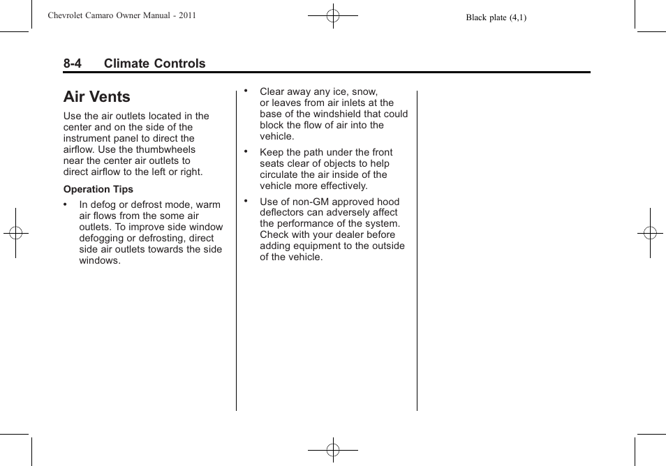 Air vents, 4 climate controls | CHEVROLET 2011 Camaro User Manual | Page 202 / 414