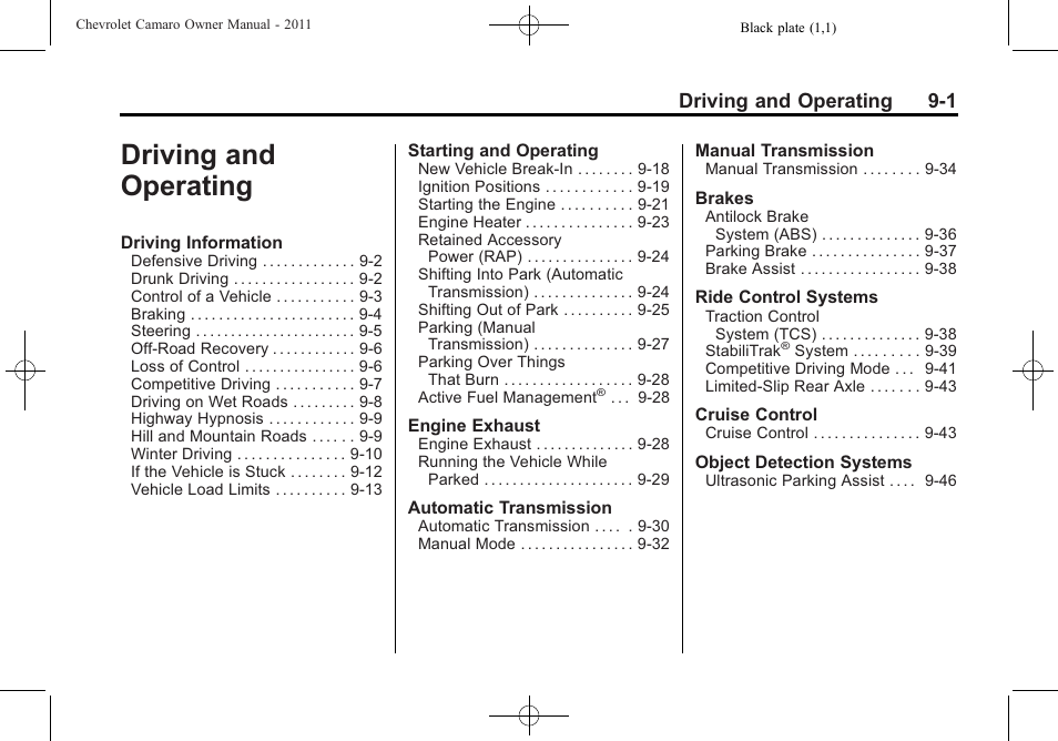 Driving and operating, Driving and operating 9-1 | CHEVROLET 2011 Camaro User Manual | Page 203 / 414