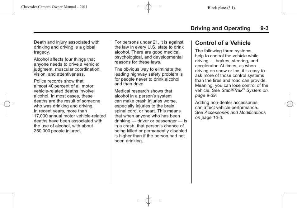 Control of a vehicle, Driving and operating 9-3 | CHEVROLET 2011 Camaro User Manual | Page 205 / 414