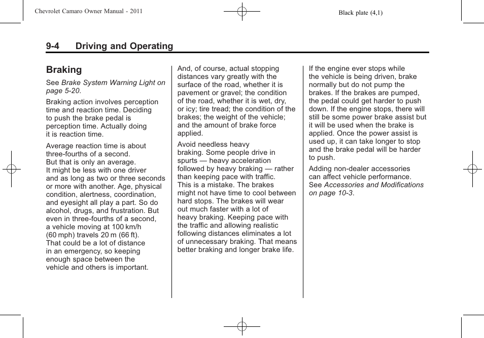 Braking | CHEVROLET 2011 Camaro User Manual | Page 206 / 414