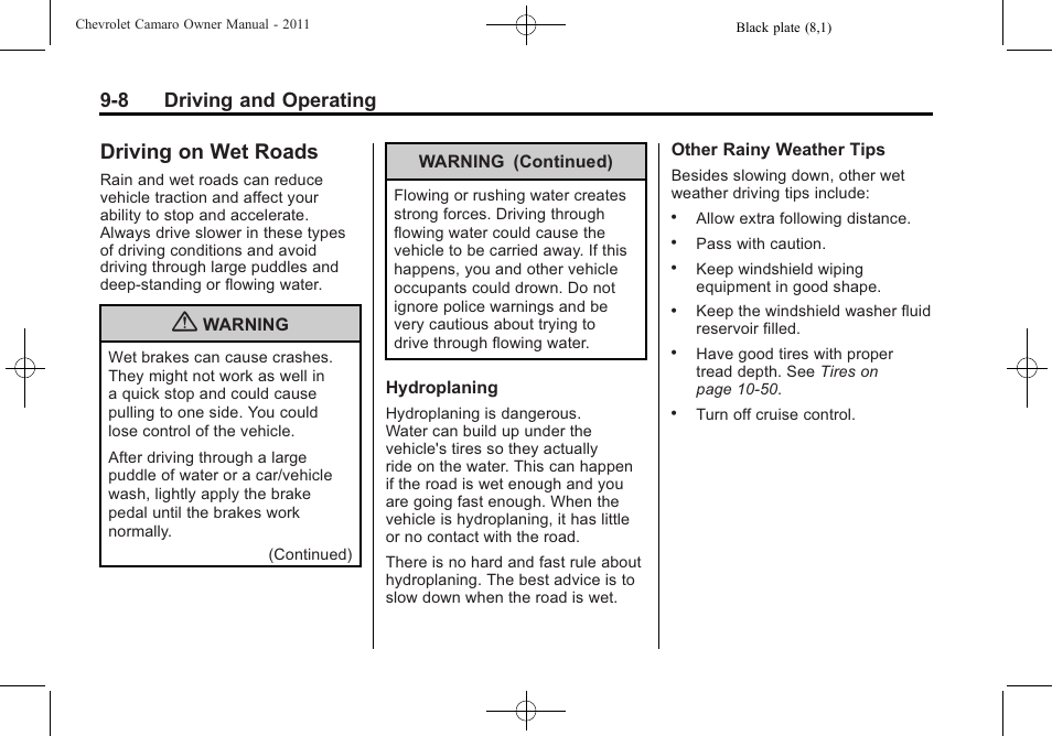 Driving on wet roads, 8 driving and operating | CHEVROLET 2011 Camaro User Manual | Page 210 / 414