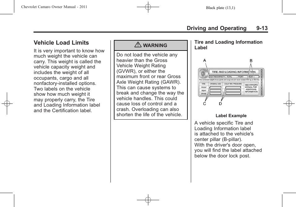 Vehicle load limits | CHEVROLET 2011 Camaro User Manual | Page 215 / 414