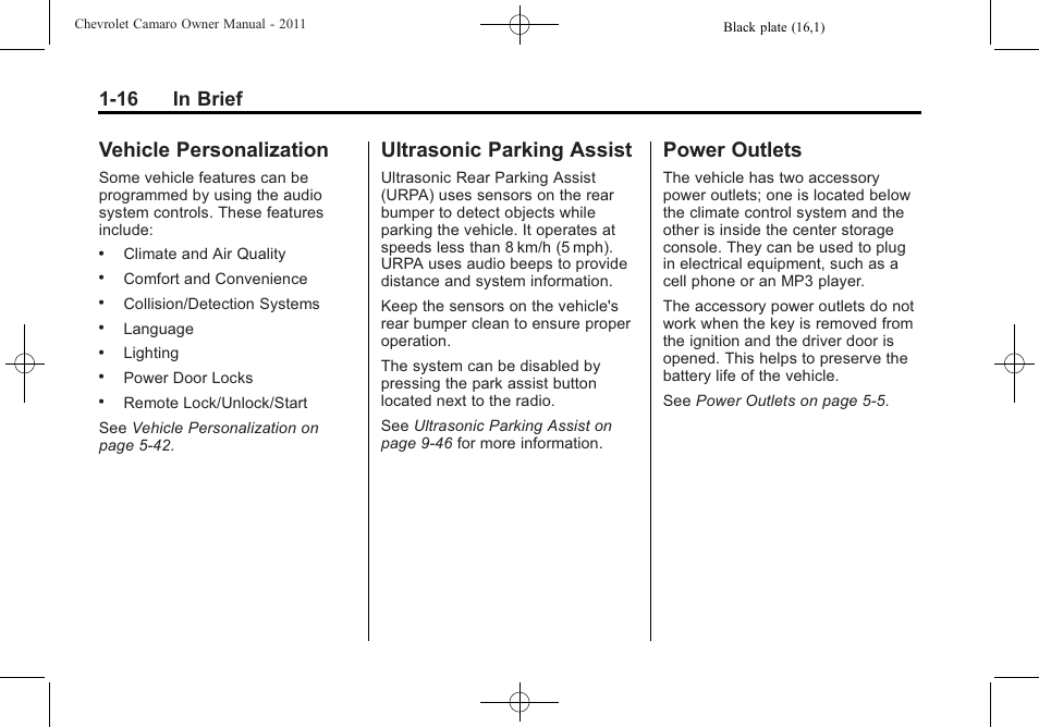 Vehicle personalization, Ultrasonic parking assist, Power outlets | 16 in brief | CHEVROLET 2011 Camaro User Manual | Page 22 / 414