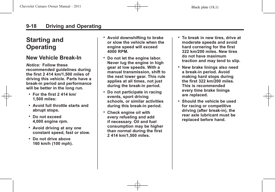 Starting and operating, New vehicle break-in, 18 driving and operating | CHEVROLET 2011 Camaro User Manual | Page 220 / 414