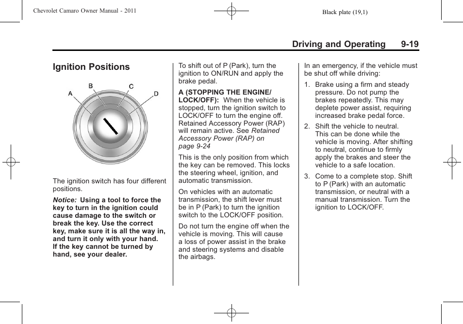 Ignition positions, Driving and operating 9-19 | CHEVROLET 2011 Camaro User Manual | Page 221 / 414