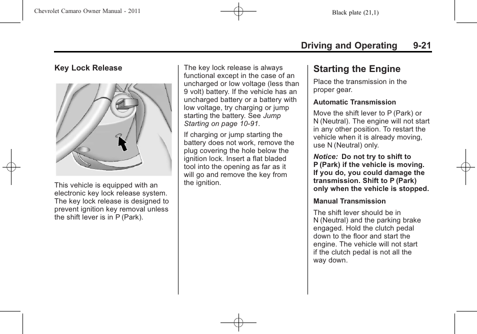 Starting the engine | CHEVROLET 2011 Camaro User Manual | Page 223 / 414