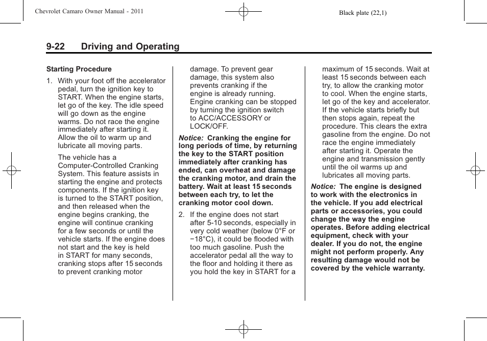 22 driving and operating | CHEVROLET 2011 Camaro User Manual | Page 224 / 414